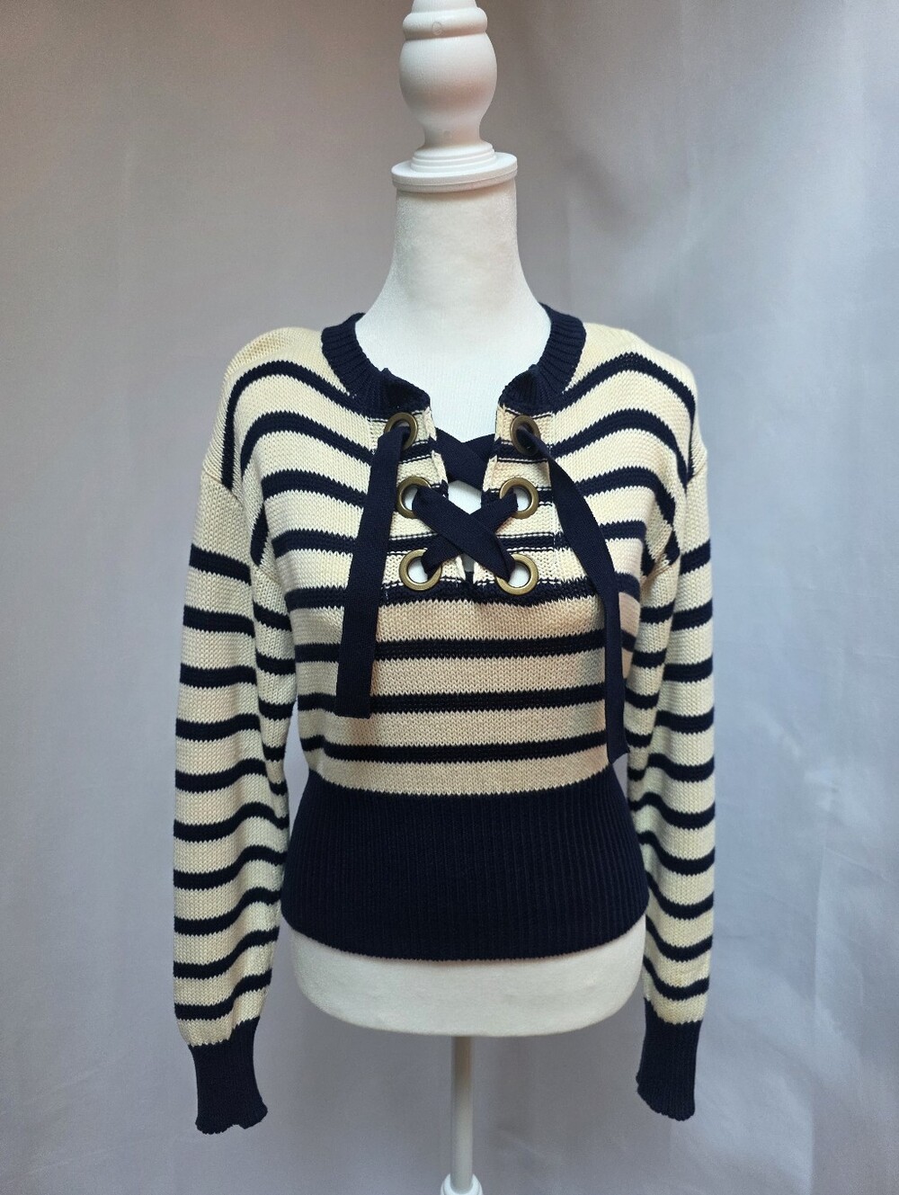 Roberto Collina Made in Italy Navy & Cream Striped Lace-Up Knit Sweater-Size N/A
